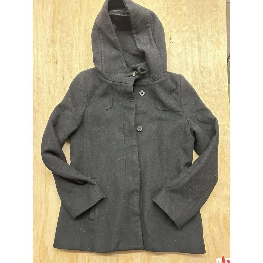 Babaton‎ Coat Wool Cashmere Sz Large Hood Black Soft Button Up Trench